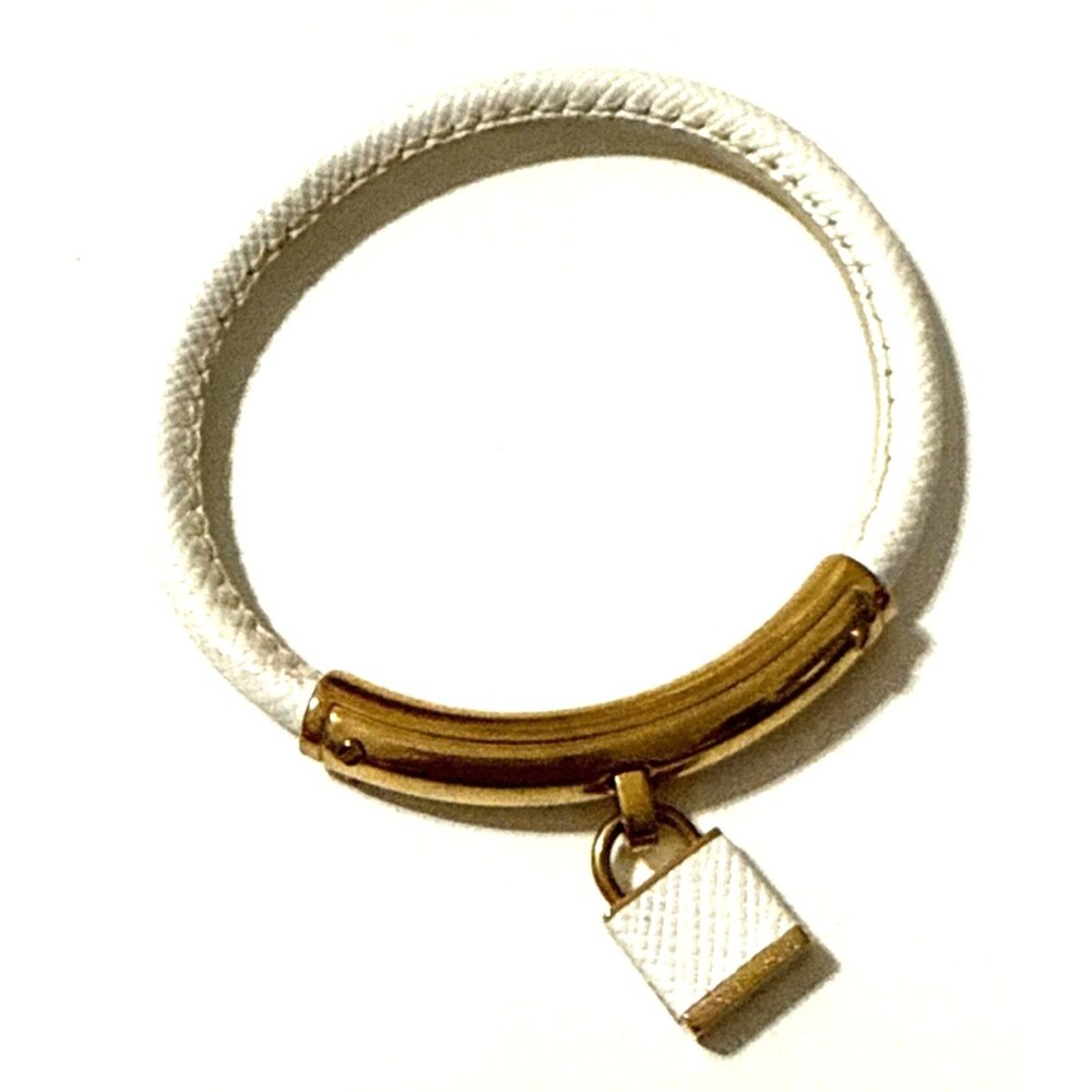 MICHAEL KORS Logo Lock White Leather Bangle Bracelet Gold Tone 8"